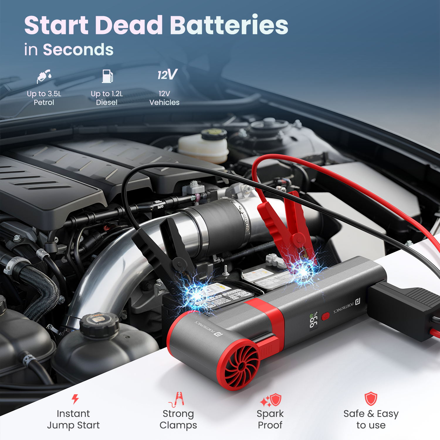 portronics volt blast 12v jump starter for dead car batteries | portable jump starter for petrol and diesel vehicle battery revival | emergency jump starter for quick roadside battery boost | car battery booster with fast jump-start performance