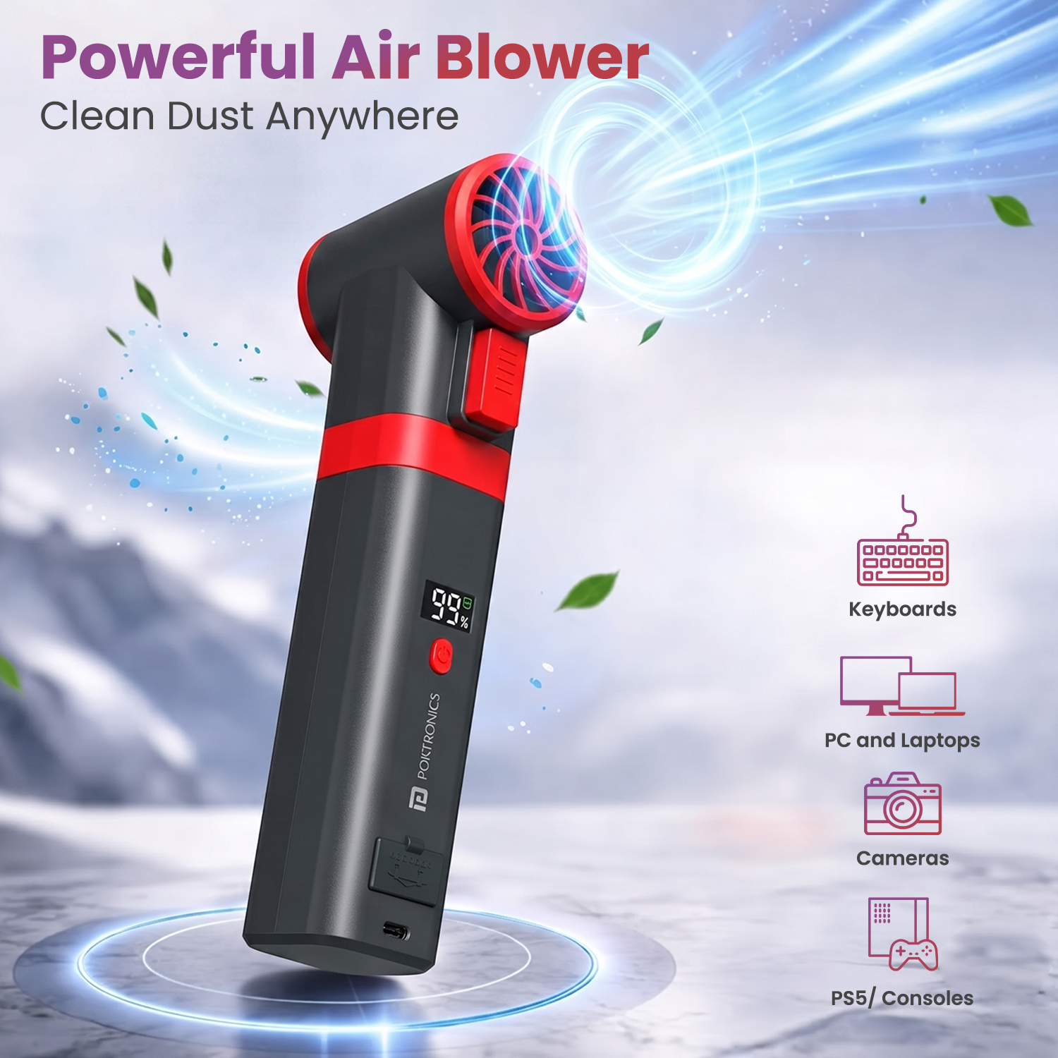 portronics volt blast powerful air blower for car cleaning | high-speed blower with concentrated airflow for dust removal | car cleaning blower for interiors electronics and keyboards | electric air duster for car and everyday spaces