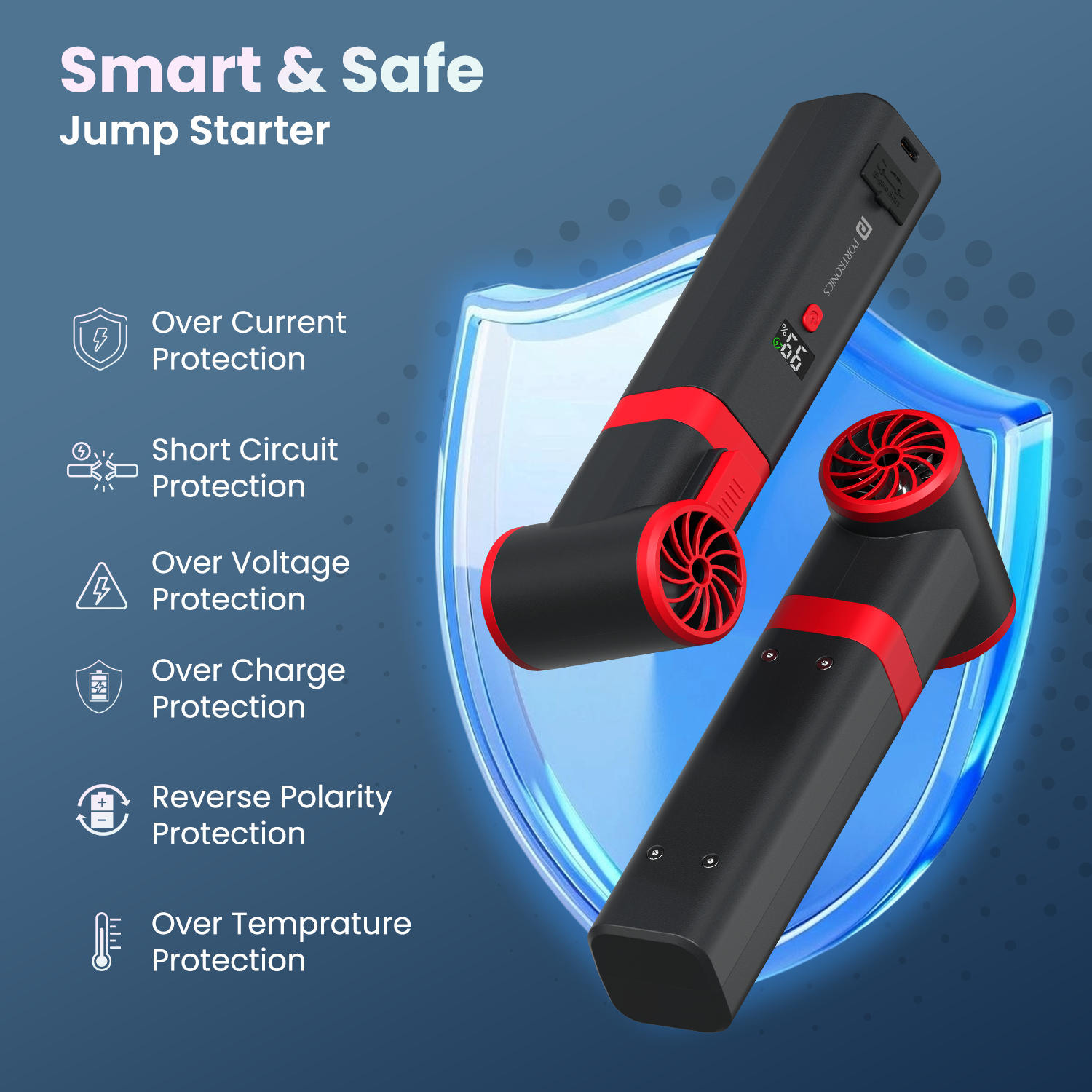 portronics volt blast smart safety protection with reverse polarity guard | built-in reverse polarity protection and over-current safety for jump starter | safe car emergency tool with multi-layer protection features | 12v jump starter with smart safety protection for vehicles