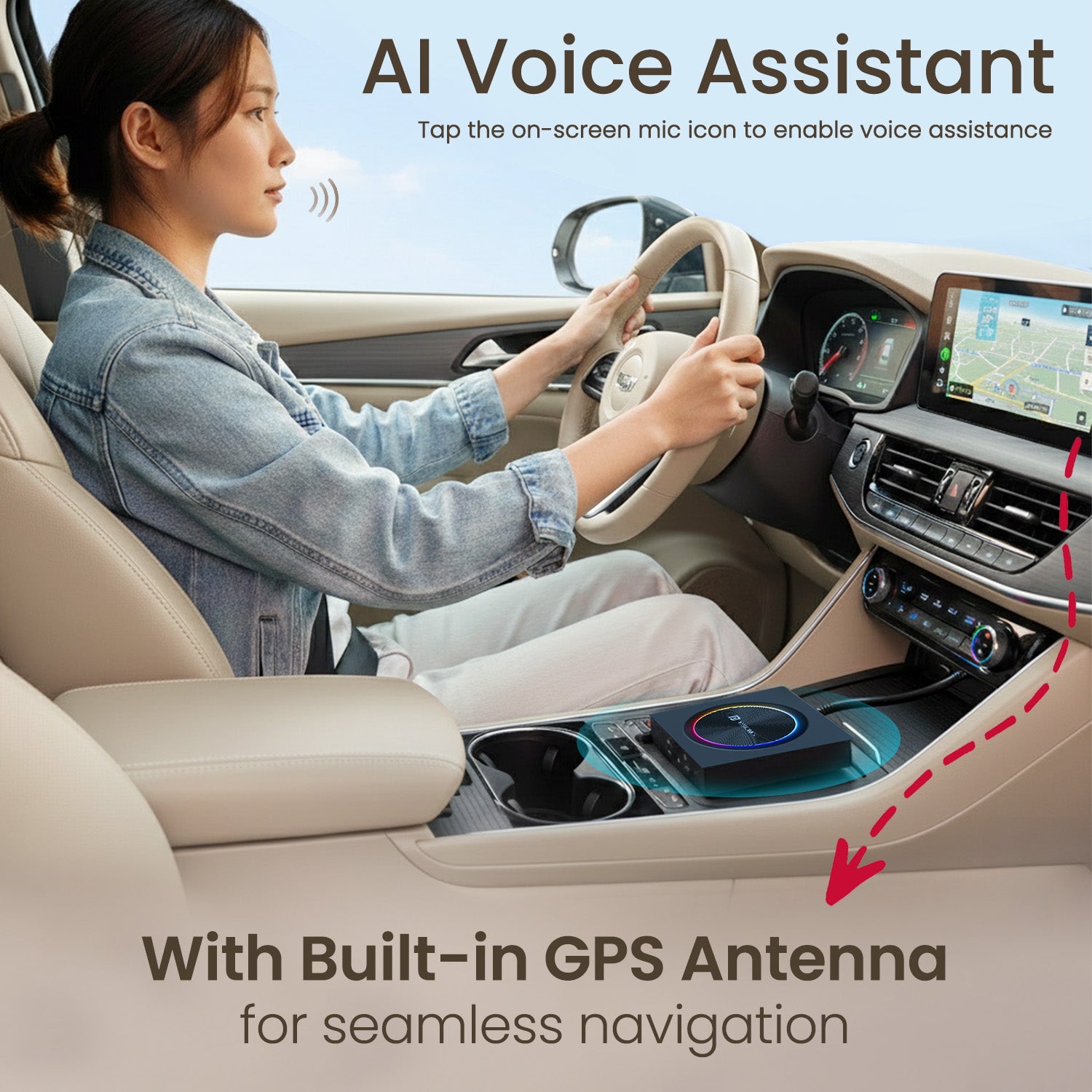 portronics wireless car receiver Tune Prime with AI voice assistant car adapter for hands-free control of music calls navigation CarPlay, compatible with iOS 15 and Android 12 compatible CarPlay devices and factory wired CarPlay upgrade in OEM infotainment systems