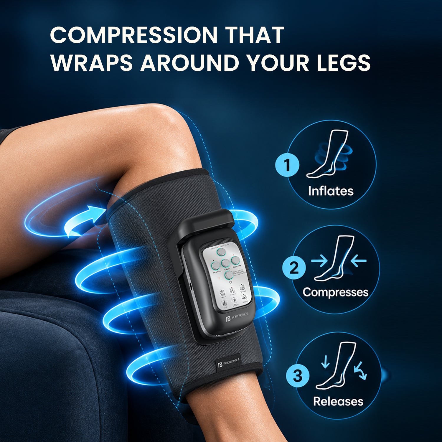 portronics zeno l mini air pressure leg massager | three phase cyclic air compression technology inflating compressing and releasing tight muscles | releasing deep calf tightness and stiffness following strenuous athletic workouts | how does sequential air compression leg massager work for swelling