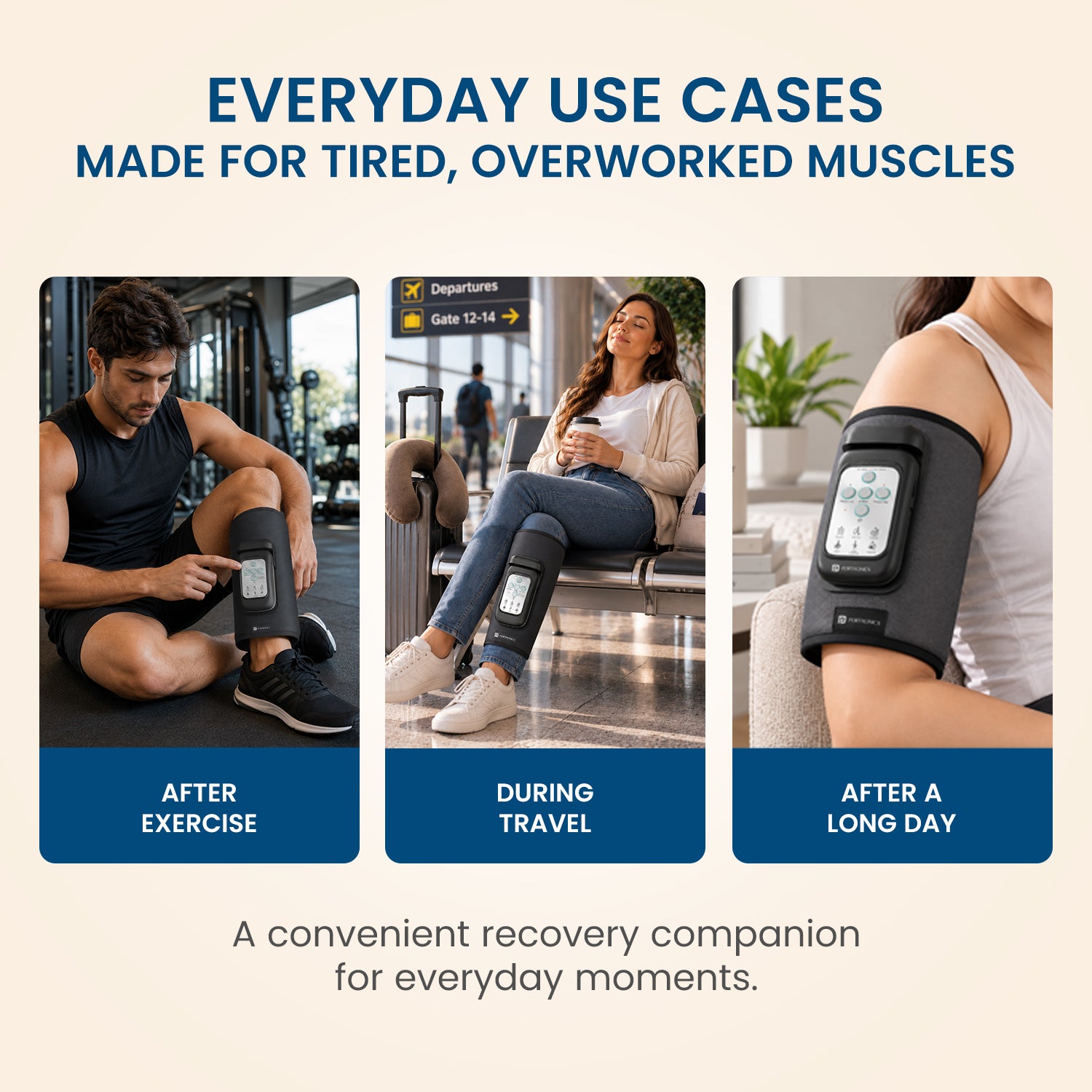 portronics zeno l mini portable compression massager | versatile strap on air compression sleeve engineered for post gym recovery travel journeys and desk work fatigue | recovering leg vitality after heavy gym workouts long distance travel and exhaustive work shifts | best air compression leg massager for runners and frequent flyers