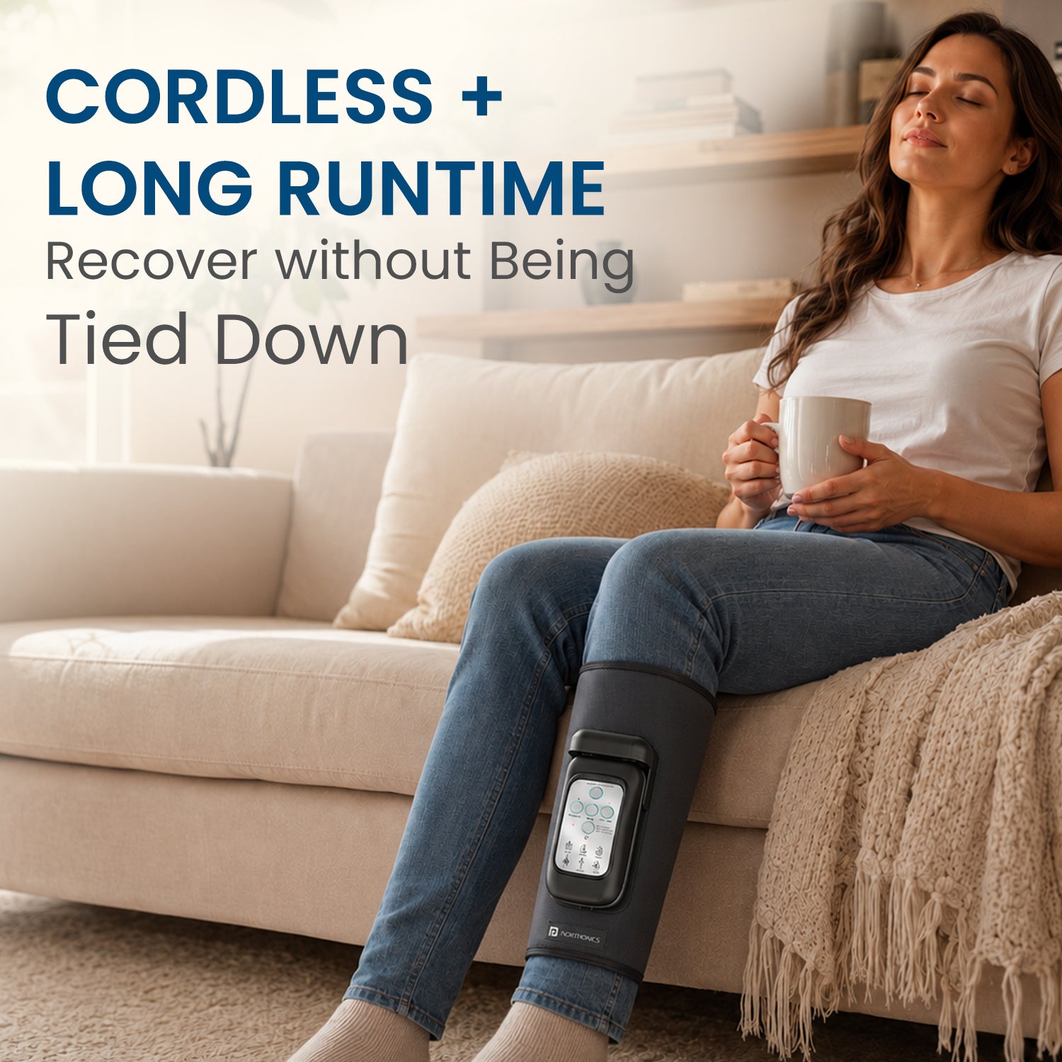 portronics zeno l mini cordless calf massager | compact wire free design with rechargeable battery offering seventy five minutes of continuous soothing therapy | relaxing on living room couch while easing tired sore lower legs during evening downtime | cordless leg massager for sore muscles relaxation at home