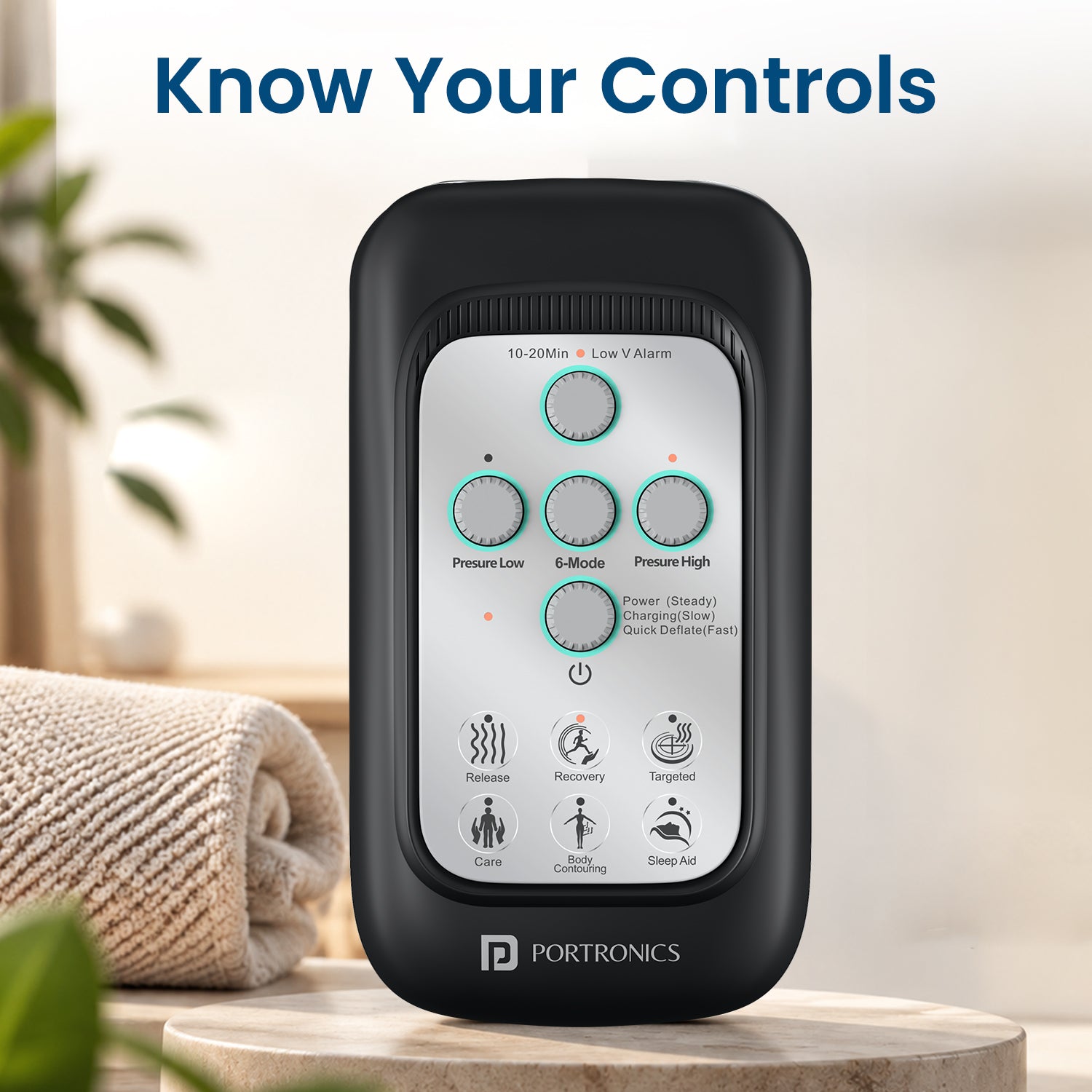 portronics zeno l mini electric leg massager wrap | user friendly digital control module with tactile buttons for pressure adjustment cycle timers and program modes | navigating custom compression settings effortlessly during daily recovery sessions | easy to use electric calf and arm compression massager controls