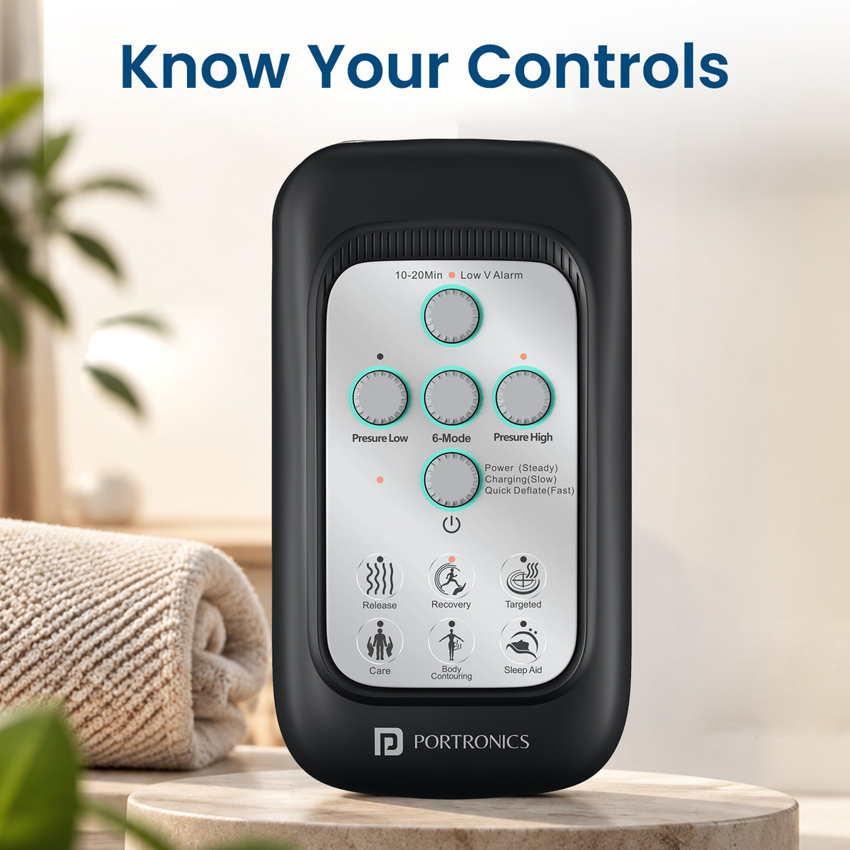 portronics zeno l mini electric leg massager wrap | user friendly digital control module with tactile buttons for pressure adjustment cycle timers and program modes | navigating custom compression settings effortlessly during daily recovery sessions | easy to use electric calf and arm compression massager controls