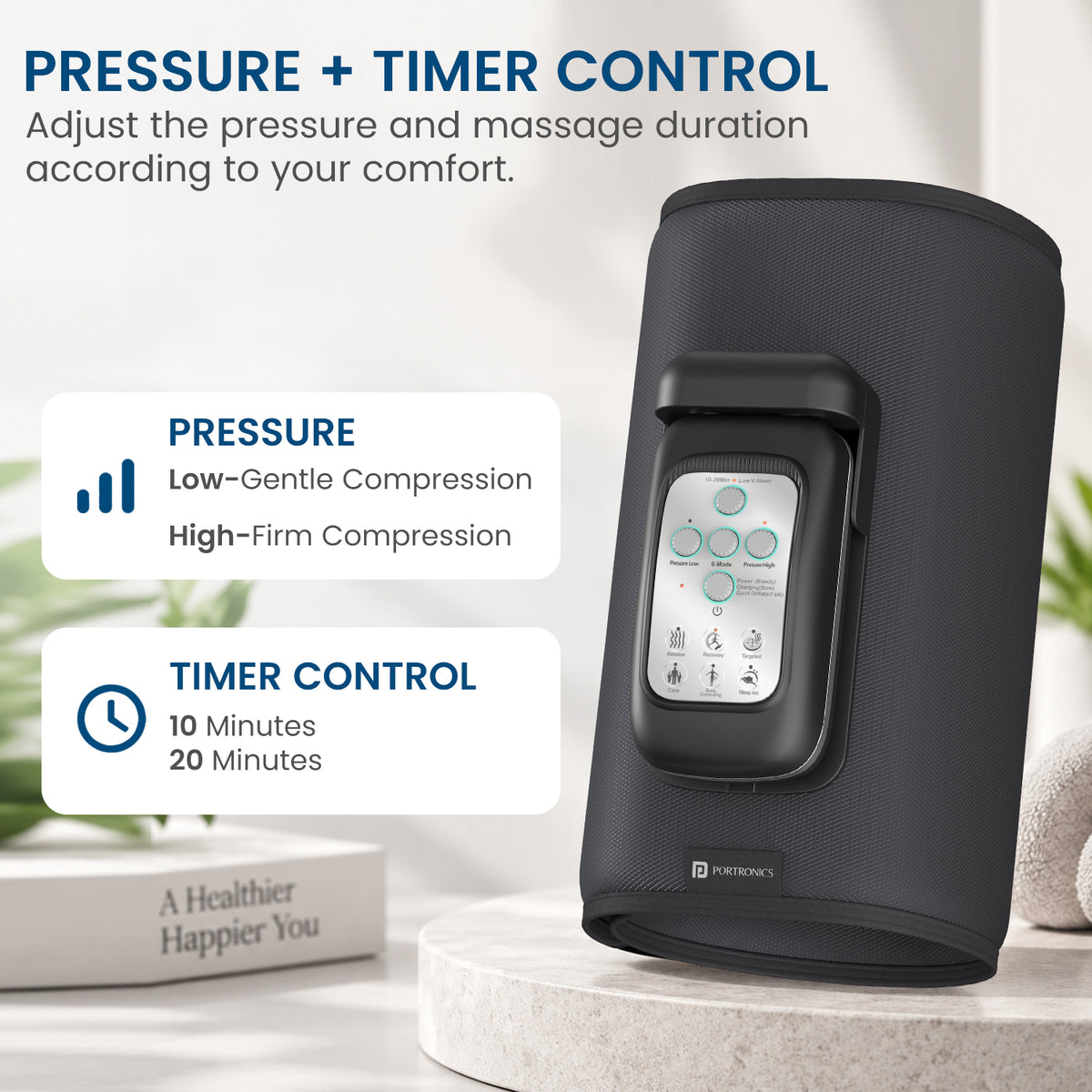 portronics zeno l mini calf compression massager | dual intensity pressure levels with ten and twenty minute automatic timer settings | managing personalized gentle or intense tension relief sessions without overstimulating muscles | rechargeable leg compression wrap with adjustable pressure and timer control