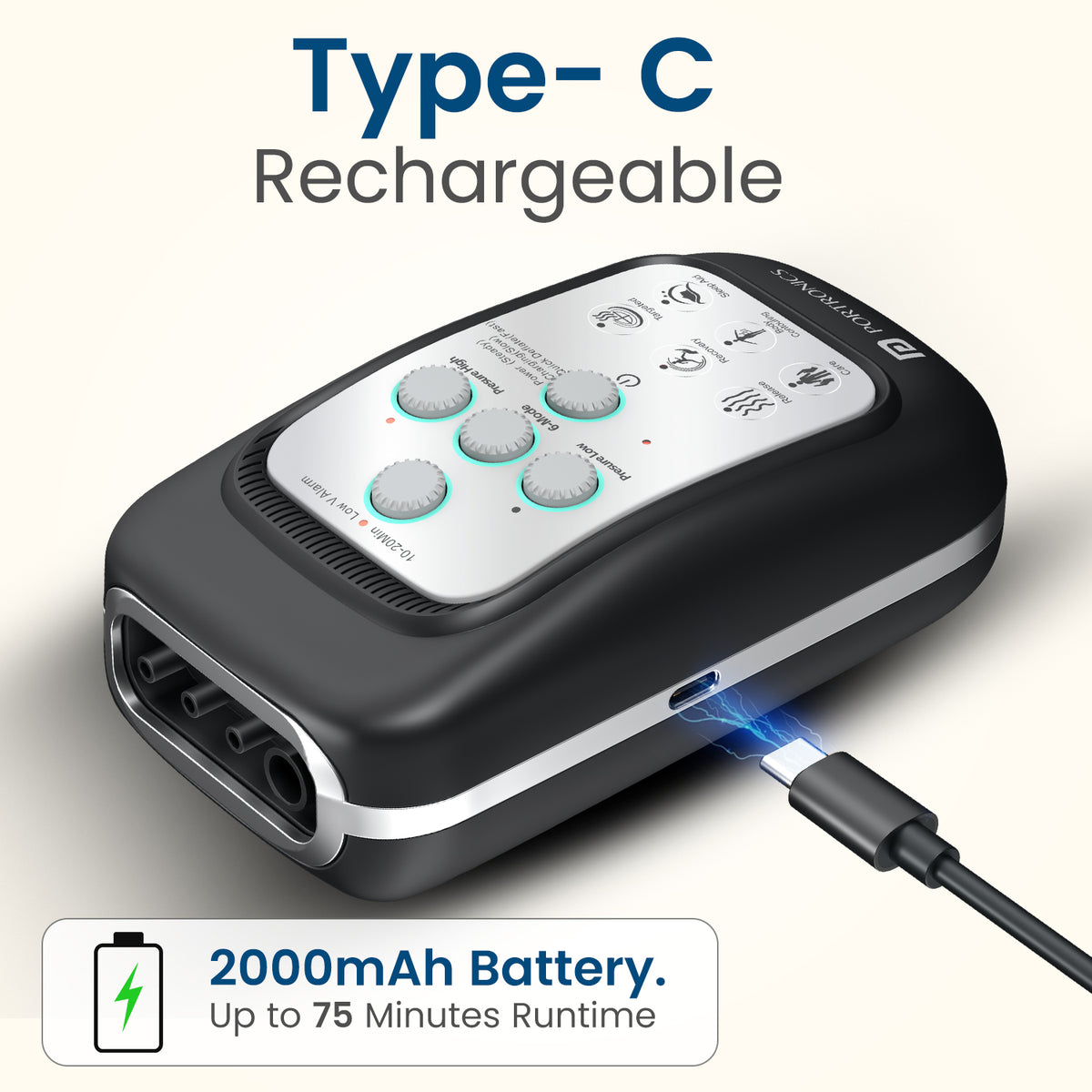 portronics zeno l mini rechargeable leg massager | two thousand milliampere hour rechargeable lithium battery powered via universal type c charging port | conveniently recharging compact therapy unit using standard usb cables anywhere on the go | long battery life usb c rechargeable leg compression massager device