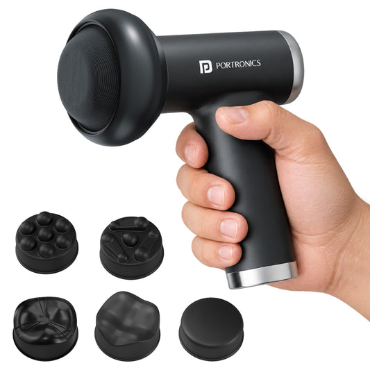 portronics zeno pulse 5 head massage gun | ergonomic handheld grip paired with five detachable therapeutic treatment heads portable body massager | all-around body relaxation and tension soothing handheld massage gun | best 5 head massage gun for full body relaxation and pain relief