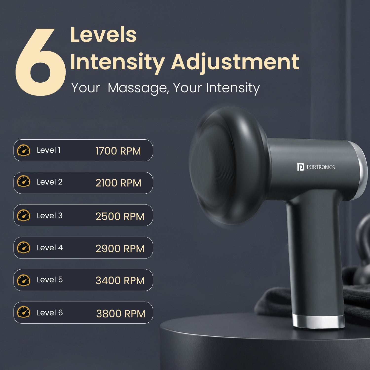 portronics zeno pulse 6 speed massage gun | six customizable speed gears spanning 1700 to 3800 rpm percussive frequencies 3800 rpm massage gun | tailoring massage strength from gentle warmups to intense deep therapy 6 intensity massage gun | what are the benefits of a 6 speed massage gun reaching 3800 rpm