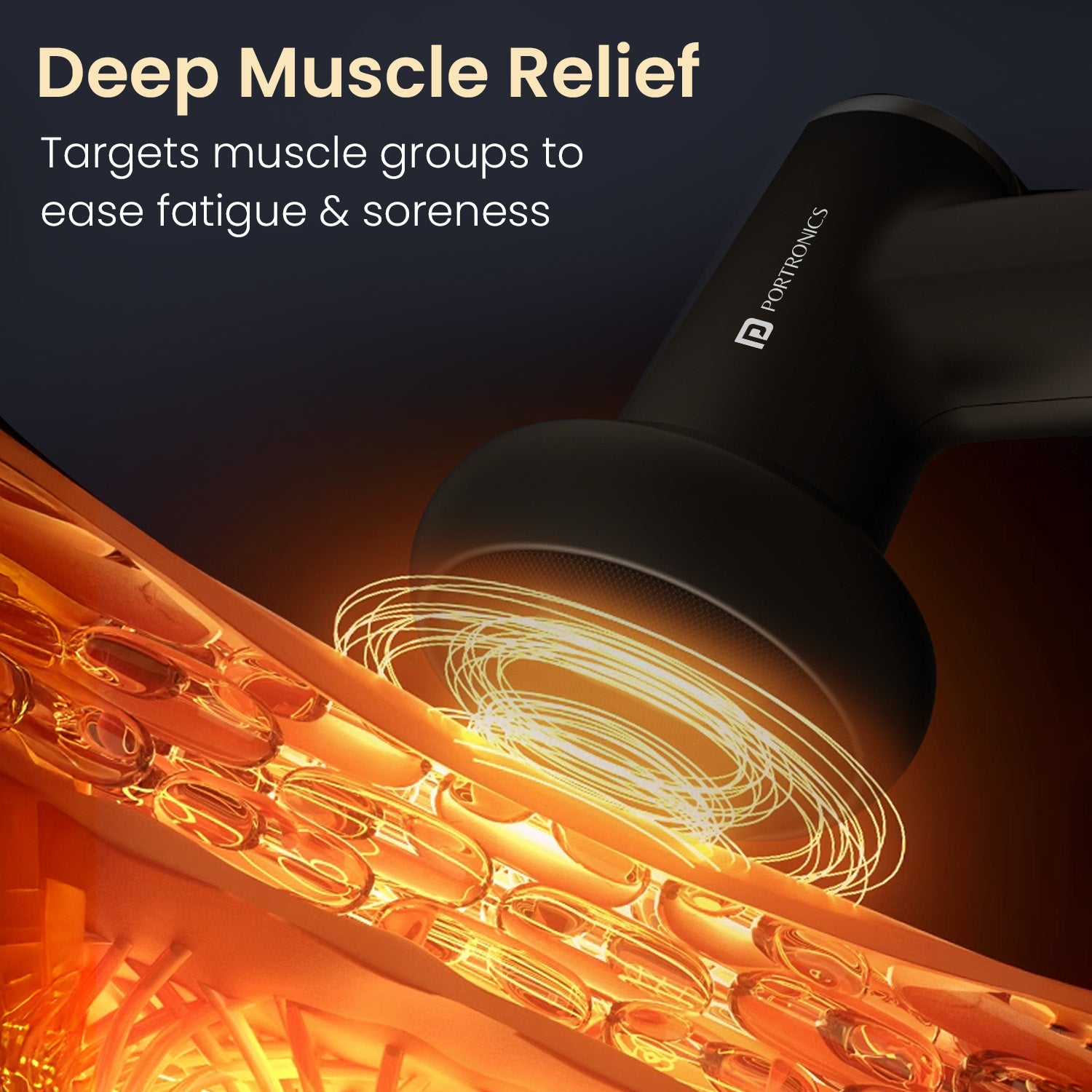 portronics zeno pulse massage gun for muscle recovery | deep penetrating acoustic percussions breaking down lactic acid across fibrous muscle bands post workout massager | relieving post exercise stiffness and delayed onset muscle soreness body massager | how a percussion massage gun speeds up post workout muscle recovery