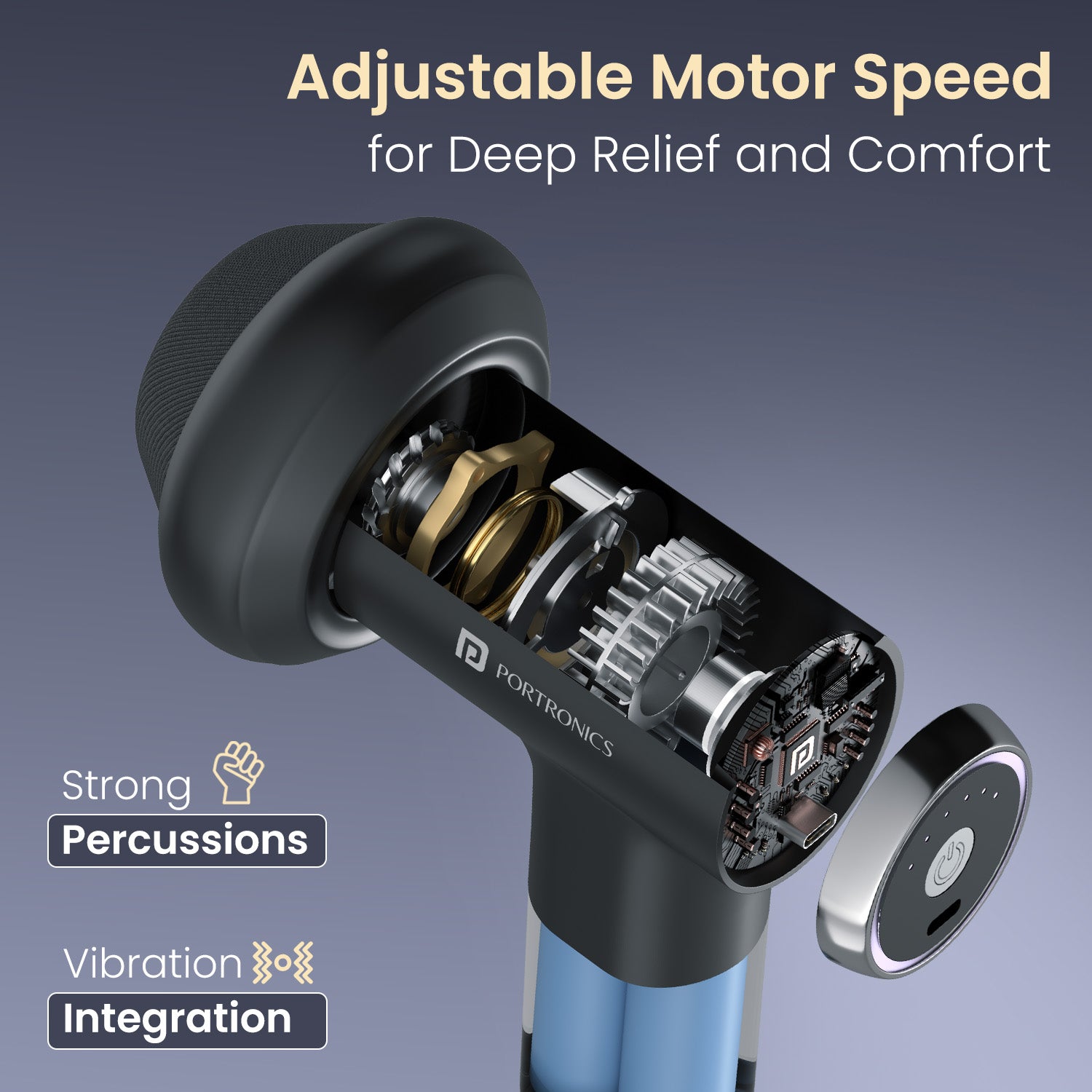 portronics zeno pulse percussion massage gun | high torque internal percussion motor delivering powerful rhythmic vibrations deep tissue massage gun | penetrating stiff knots and accelerating muscular recovery muscle massage gun | how does an internal percussion motor relieve muscle tightness