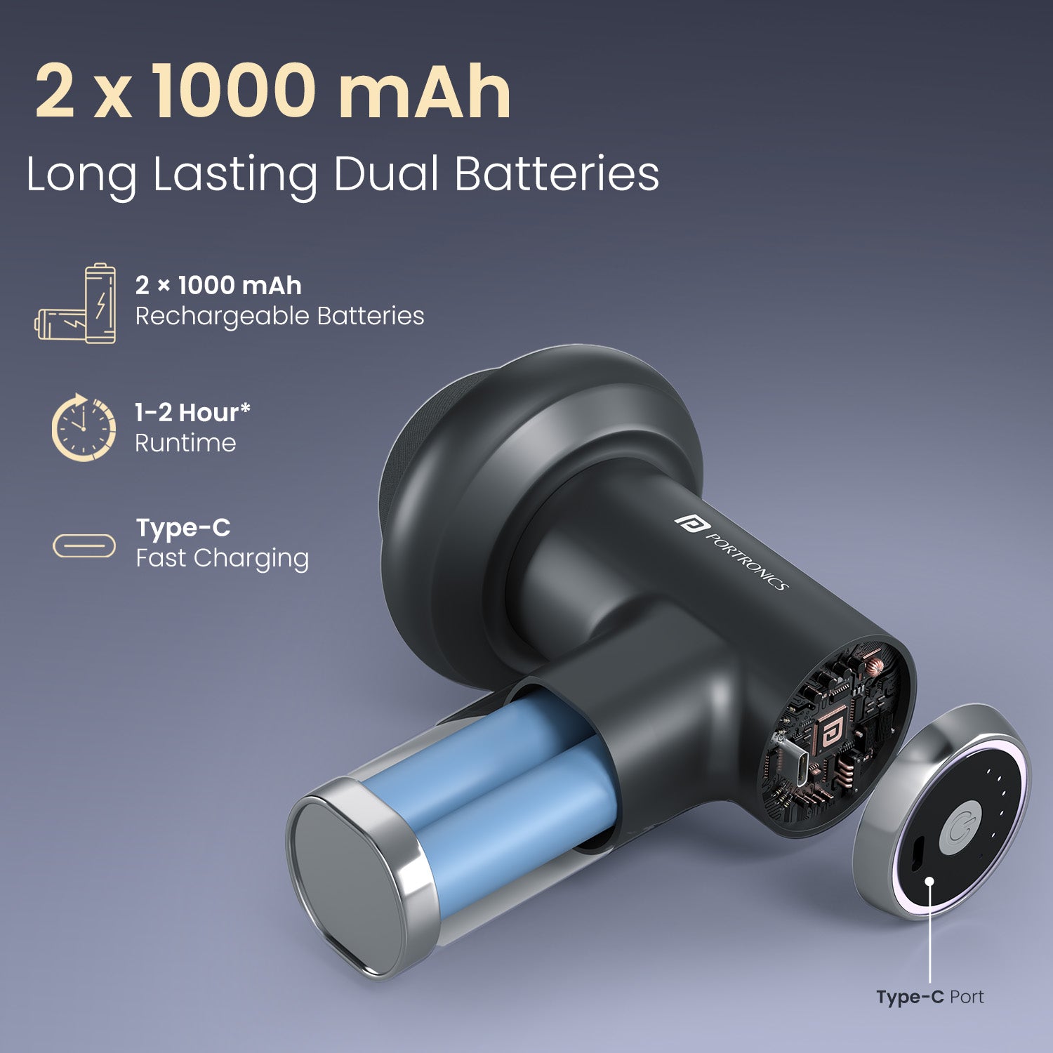 portronics zeno pulse type-c massage gun | dual internal rechargeable batteries packing 2000mah capacity with universal type-c port rechargeable massage gun | cordless mobility during travel and gym sessions cordless massage gun | which cordless massage gun has dual rechargeable batteries and type-c charging