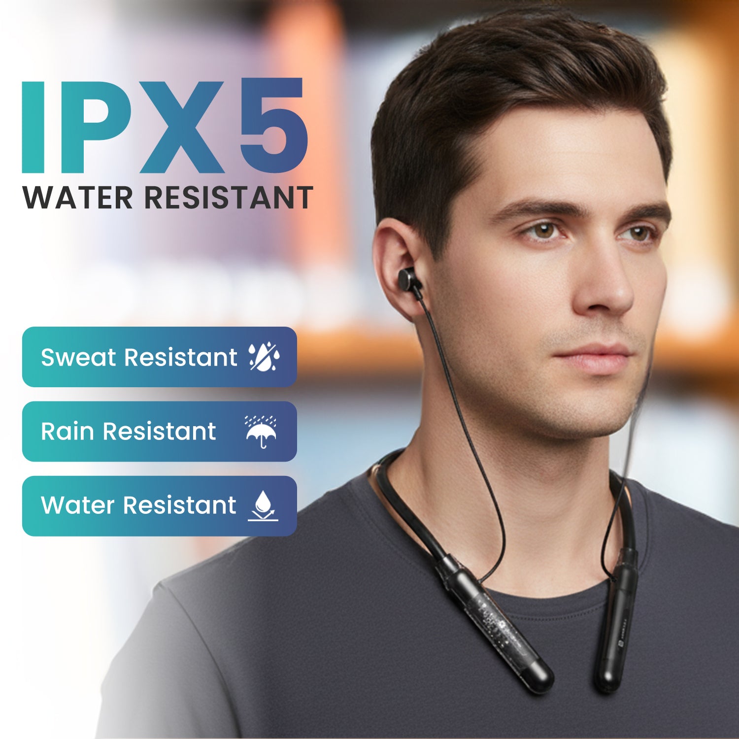 Sports neckband headphones, Portronics Harmonics Y3, with in-ear design, Bluetooth v5.4, 10mm bass drivers, game mode, dual device connection, and sweat-resistant premium build, ideal for workouts.