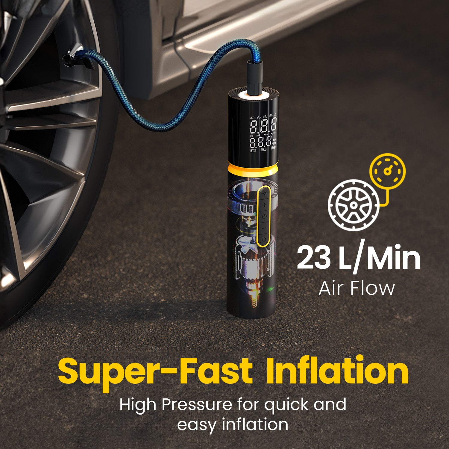 Portronics vayu 5.0 portable tyre inflator| rechargeable car tyre inflator with auto pressure & limit detects| best air pump for bike| tyre inflator for car and bike online