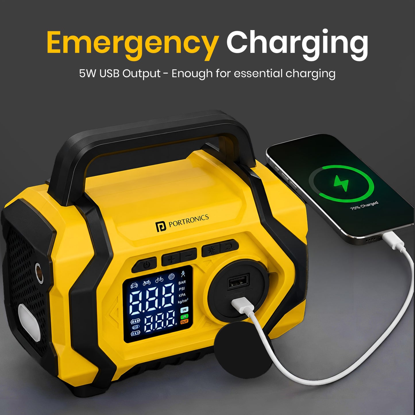 portronics vayu airplus 5w usb emergency charging tyre inflator | wireless tyre inflator with built-in usb output for emergency smartphone charging | rechargeable air pump doubling as portable usb power source for devices on the go | best tyre inflator with 5w usb emergency charging for smartphones