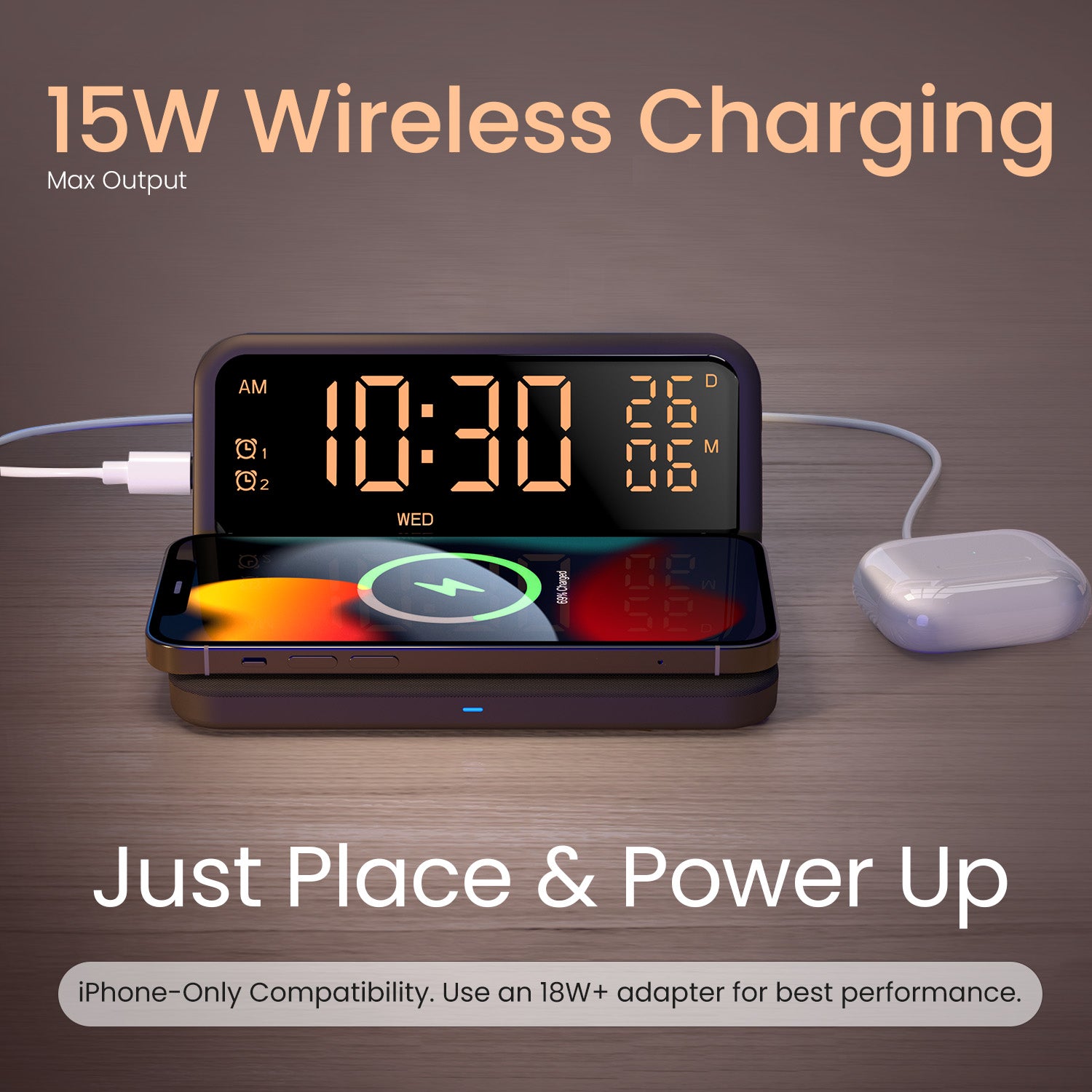 15W Wireless Charger for iPhone 15 and Android Phones | Freedom 4E Wireless Charging Pad with Digital Clock Display | Dual Alarm Function, Night Mode Brightness Control, and Premium Fabric Finish | Perfect Bedside Wireless Mobile Charger under 1500