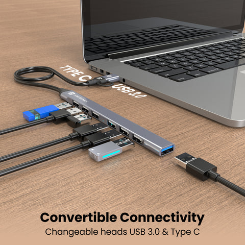 Potronics Mport 7 Type C USB hub with 7 USB ports for PC or Laptop with convertible connectivity 