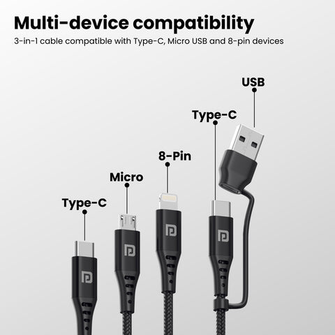 Portronics Konnect J9 3-in-1 USB cable has Type-C, Micro USB and 8-pin