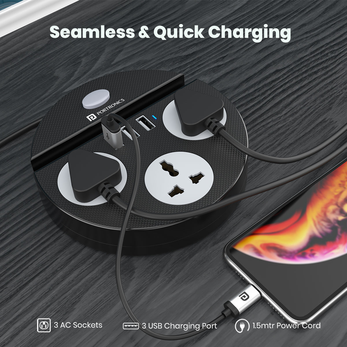 Portronics power plate 5 extension board with usb port & socket| power extension board online at best price| electric extension board from Portronics at best price. Black
