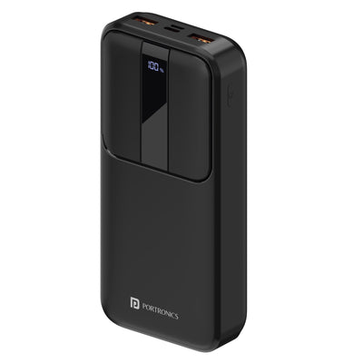 Portronics Power D 20K 20000mAh Power bank. The Power D 20K comes with 2 + 2 ports for input and output. 1 type C port(PD charging), 1 Micro USB port and 2 USB ports for outputs. Bank 