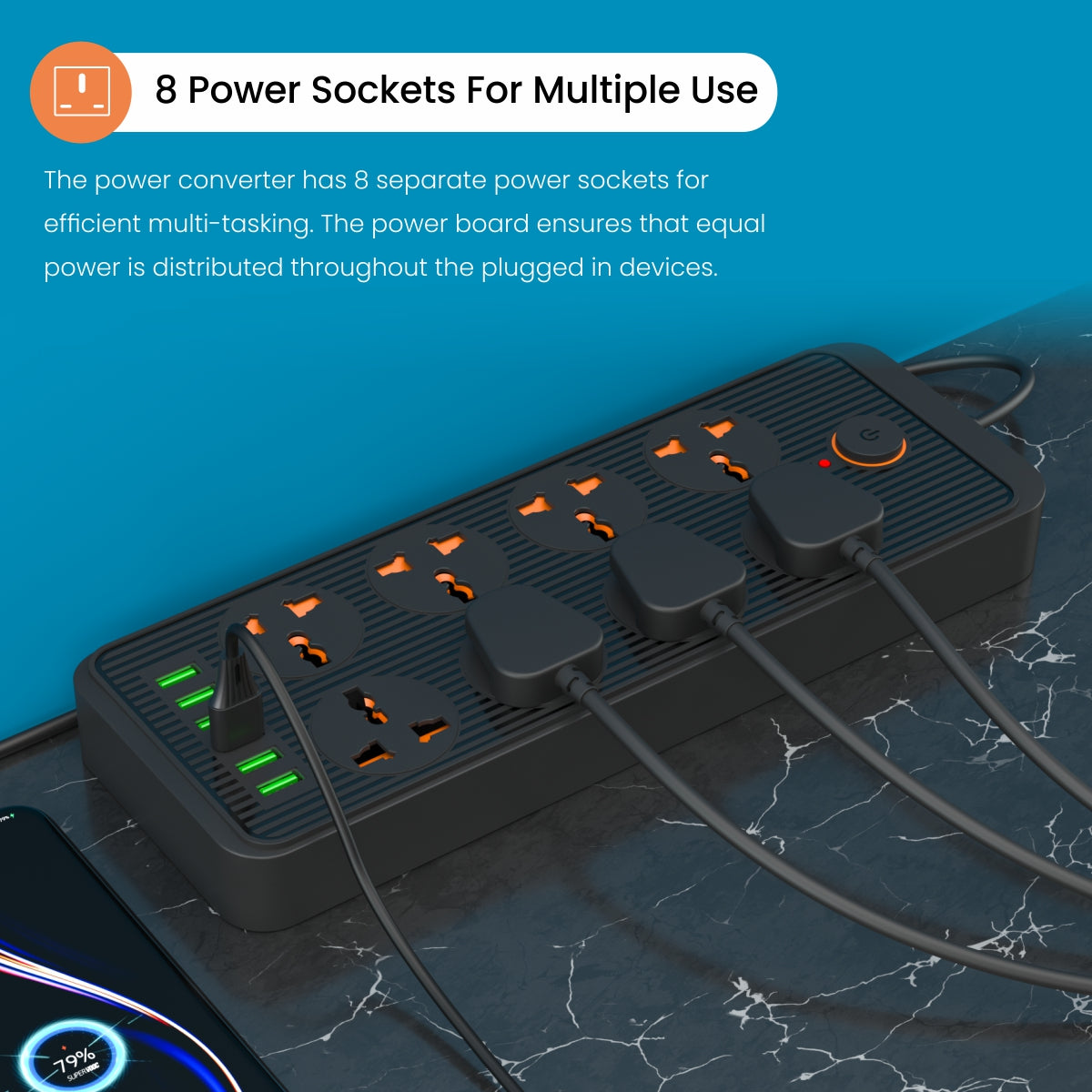 Black Power Plate 7 Multi-port power boards featuring 8 sockets and 6 USB ports, delivering a total output of 2.1A for efficient charging and device connectivity.