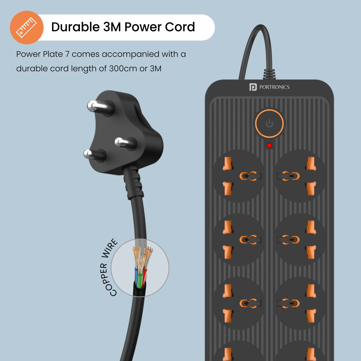 Black Portable power extension board with a 3M cord length, ensuring flexibility and mobility while providing over-voltage and short-circuit protection.