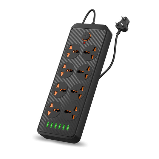 Black Portable power extension board with a 3M cord length, ensuring flexibility and mobility while providing over-voltage and short-circuit protection.