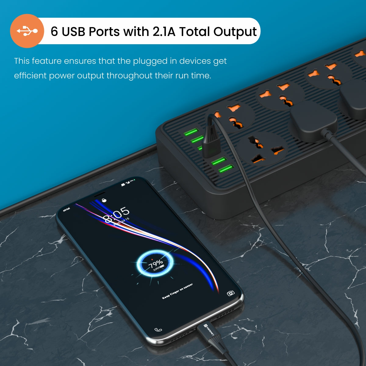 Black  power extension boards featuring 6 USB ports, delivering a total output of 2.1A for efficient charging and device connectivity.