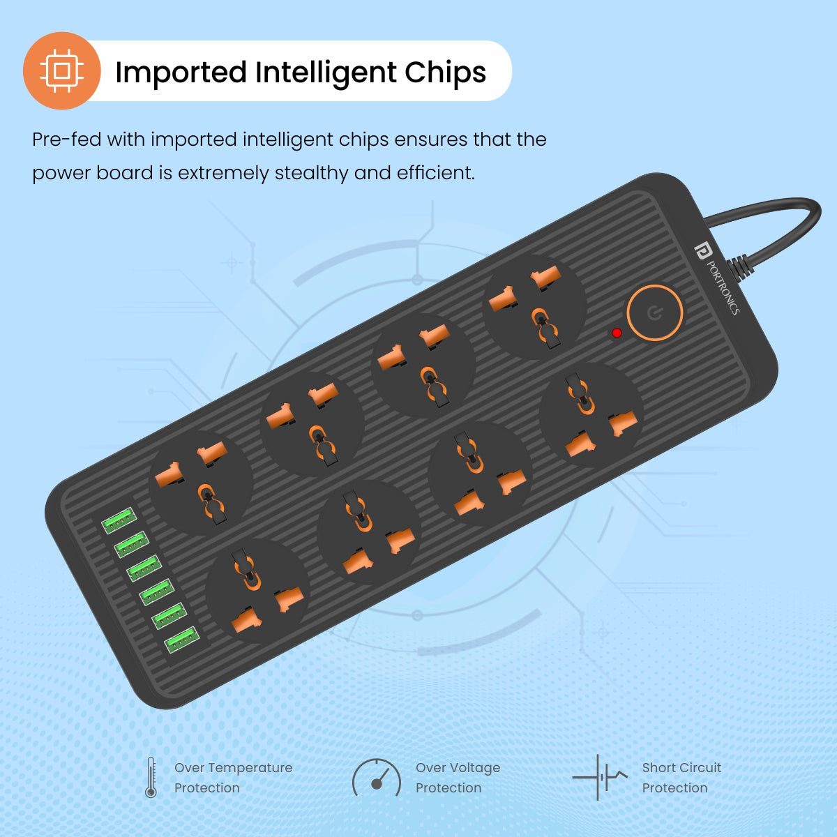 Black  Power Plate 7 electric extension board with imported intelligent chips, ensuring optimized power conversion and enhanced safety for daily use.