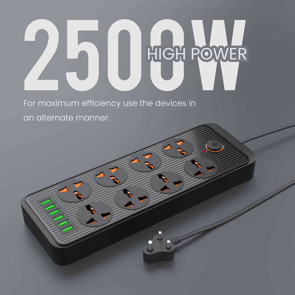 Black Power Plate 7 power extension board with 8 power sockets and 6 USB ports, offering efficient multitasking and reliable power distribution for multiple devices.