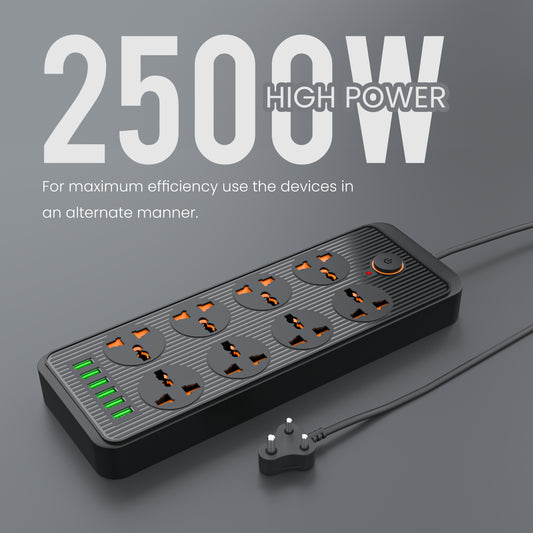 Black Power Plate 7 power extension board with 8 power sockets and 6 USB ports, offering efficient multitasking and reliable power distribution for multiple devices.