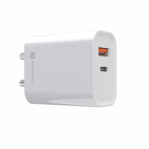 Portronics Adapto 45 20 W Fast Charger, USB A-type & C-type ports, White