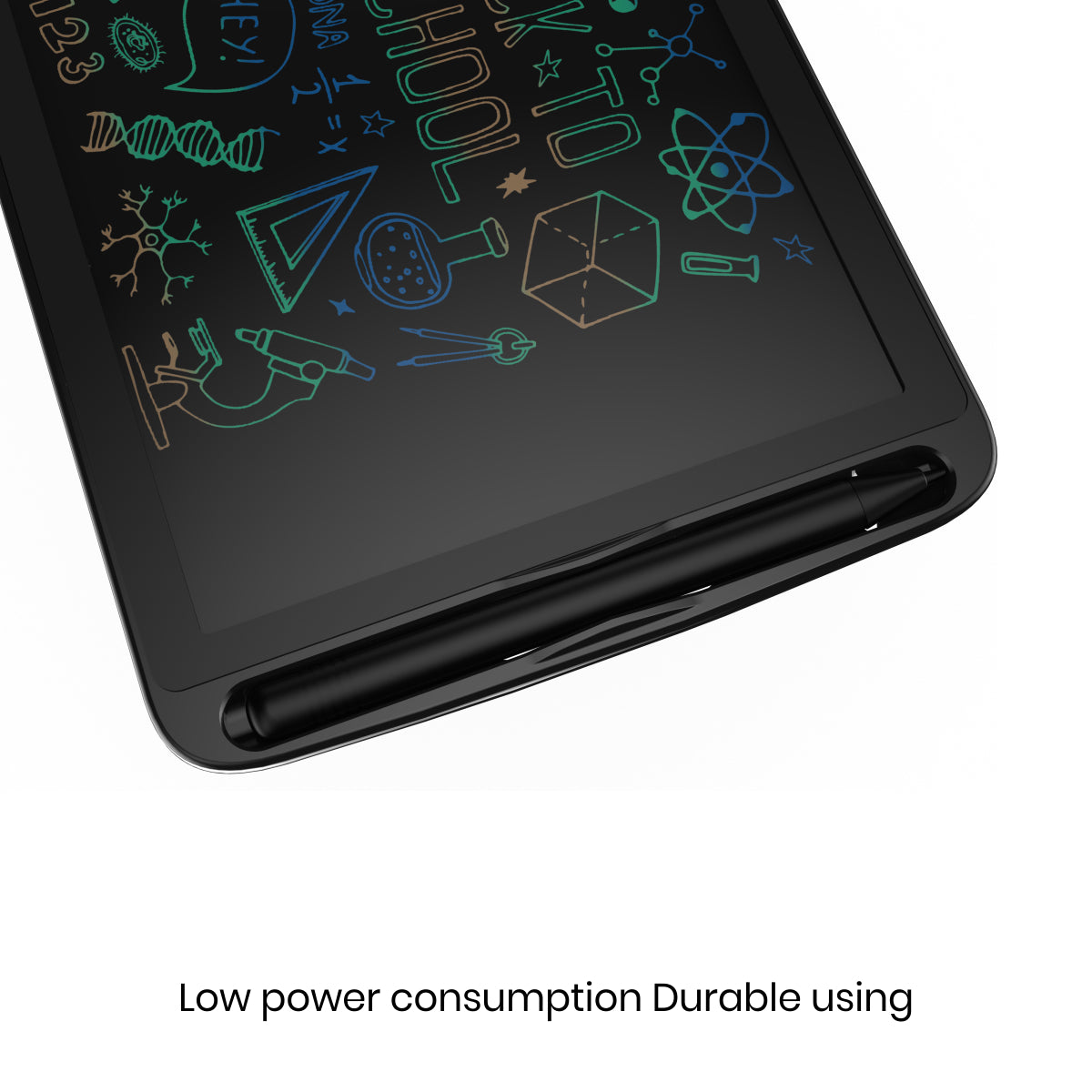 Black portronics ruffpad 8.5m writing pad with stylus | integrated stylus holder slot electronic writing pad | storing pen securely in writing pad | best digital notepad with pen storage

