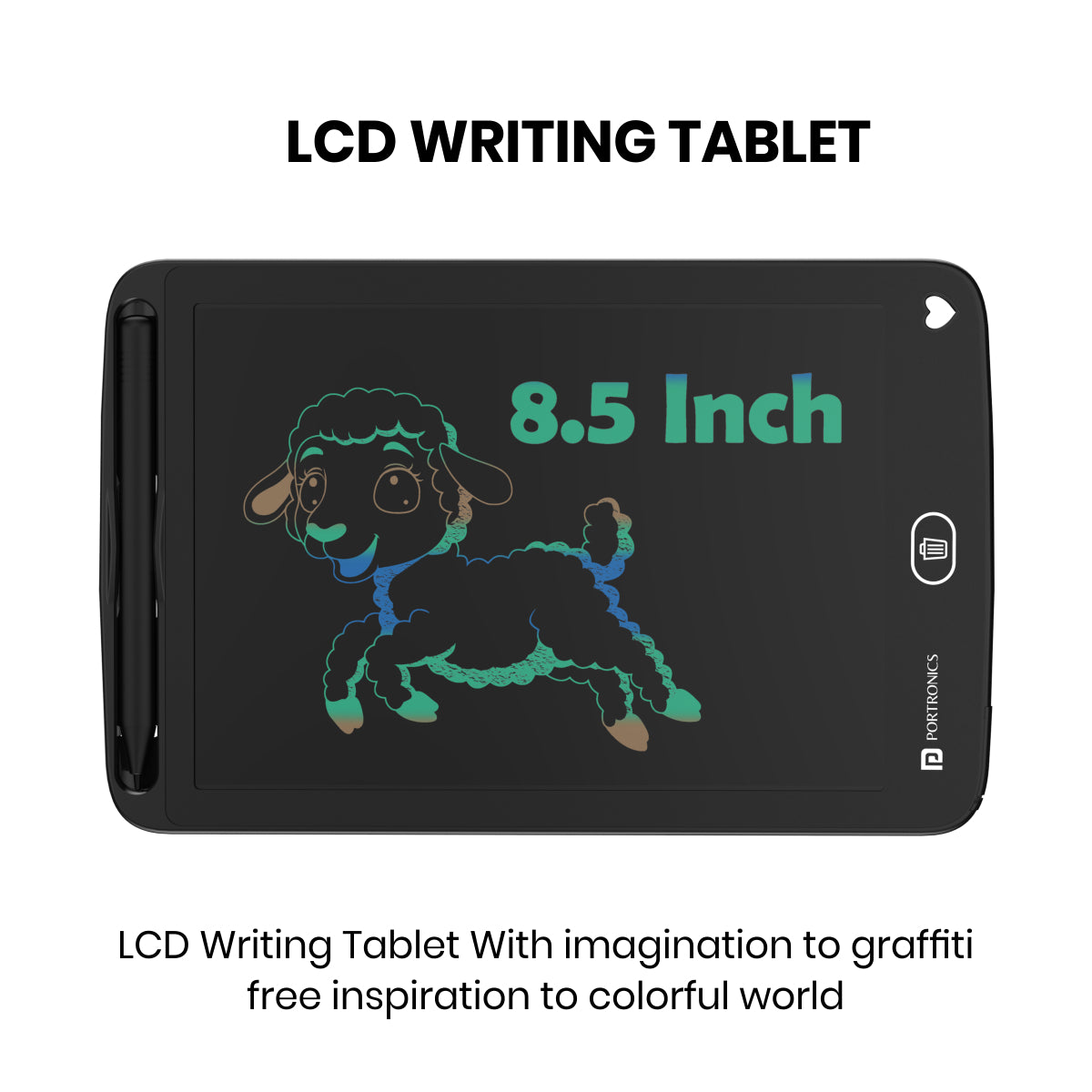Black  portronics ruffpad 8.5m lcd writing tablet | pressure sensitive writing surface 8.5 inch writing pad | sketching animals and cartoon drawing tablet for kids | how to use paperless writing pad for kids creativity
